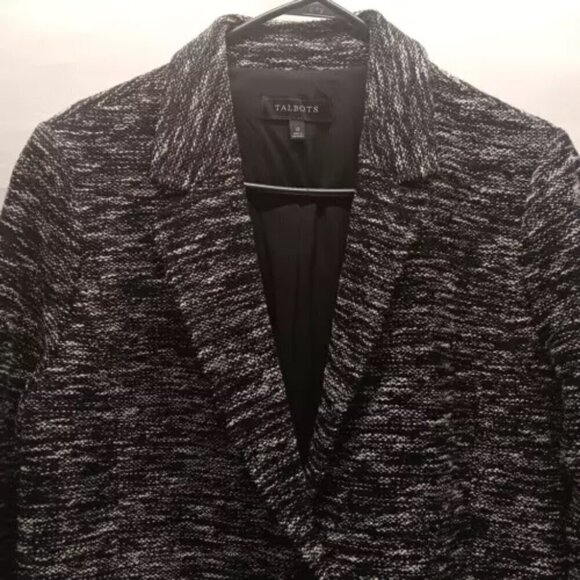 Talbots Ladies Marled Black White Tweed 2 Button Blazer Jacket Size 12 Lined EUC - Picture 2 of 11